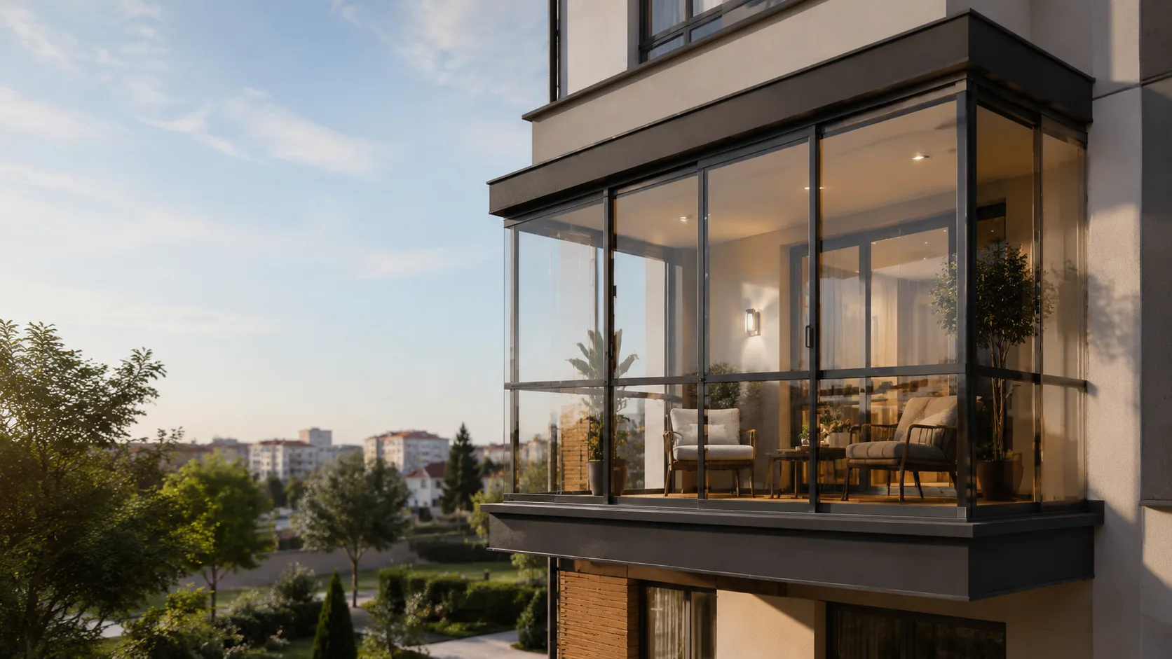 Modern bir konutta cam balkon uygulaması